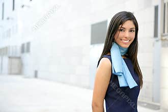 Beautiful stewardess walking to convention center