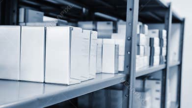 Drug boxes in a shelf in a pharmacy. Store of medicines and vitamins. Background for sale in a pharmacy and health lifestyle.