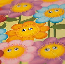 Cartoon happy colorful flowers big smile