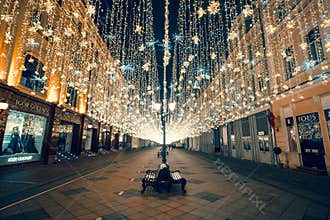 Moscow, Russia, 2018. Christmas and new year lights at Nikolskaya street