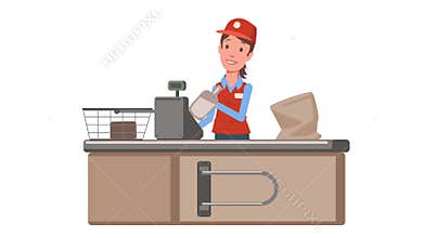 Cashier lady at the supermarket checkout counter. Grocery store saleslady. Flat animation. Isolated on white background.