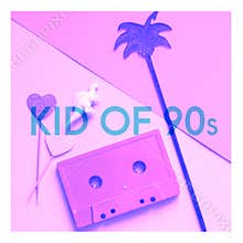 Audio cassette tape, dinosaur figure, palm and text Kid of 90s. Millennials concept collage in pink colors