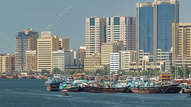 Trading wooden boats in the port timelapse. Merchant ships on the Creek Canal.