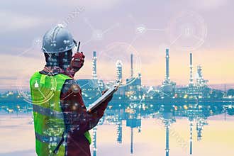 Double exposure of Engineer with oil refinery industry plant