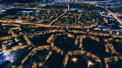 Night Drone Hypperlapse in Riga city, town Timelapse, block of flats, Slow Flight, living houses, real estate, latvia