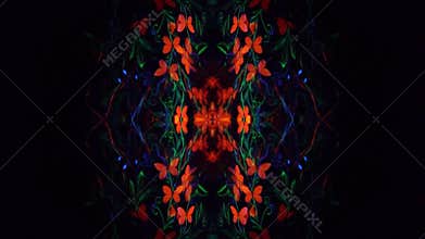 Kaleidoscope video, girl in luminescent body art that poses under the ultraviolet lamp