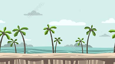 Animated background. Beach with palm trees and rocks on horizon. Moving seaside view. Flat animation, parallax. Footage.