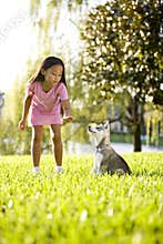 Young Asian girl training puppy to sit