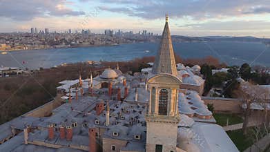 Aerial drone shot of sunrise in Istanbul, Turkie. From above, city centre. Topkapi palace.