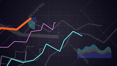 Statistics concept. Camera moves above growing financial charts and diagrams. Looping animation