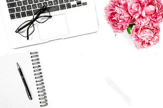 Feminine flat lay Laptop notebook pink peony flowers