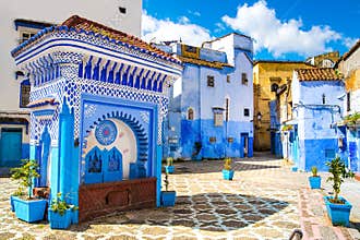 Beautiful view of the square in the blue city of Chefchaouen. Lo