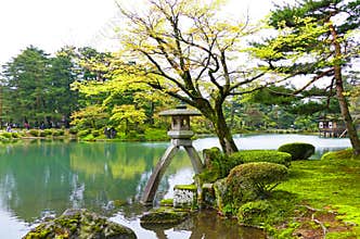 Scenic Traditional Japanese Garden Kenrokuen in Kanazawa, Japan in Summer