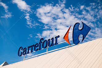 Finestrat, Spain - March 9, 2018: Carrefour logo in Finestrat Spain.