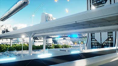 Futuristic city, town. The concept of the future. Aerial view. Realistic 4k animation.