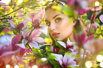 Blooming magnolia trees. Beauty young woman touching and smelling spring magnolia flowers