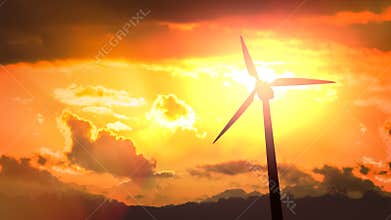Looping animation of silhouettes of wind turbines at sunset