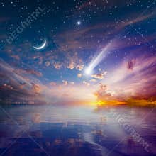 Glowing sunset with falling comet, rising crescent moon and star