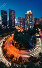 Winding road through city