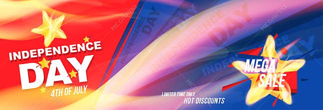 Horizontal Flyer Celebrate Happy 4th of July - Independence Day. Mega sale and hot discounts with a star and a realistic flame of
