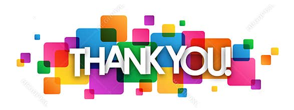 THANK YOU! banner on overlapping colorful squares