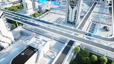 Futuristic city, town. The concept of the future. Aerial view. 3d rendering.