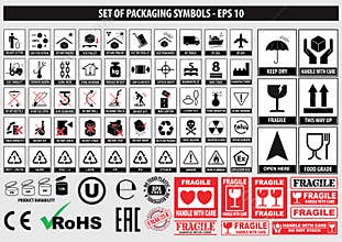 Set of packaging symbols, FCC,ROHS,tableware, plastic, fragile symbols, cardboard symbols