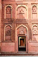 Intricate carvings decorate the Agra Fort in Agra, India