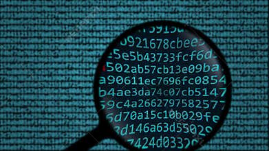 Magnifying glass discovers words secutity breach on computer screen. Internet security related search conceptual