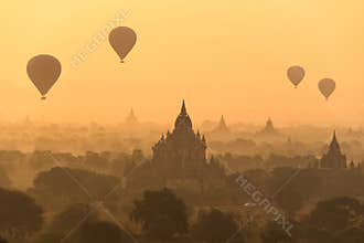 Air hot balloons on pagoda field at Bagan , Myanmar