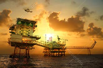 Offshore construction platform for production oil and gas. Oil and gas industry and hard work. Production platform and operation