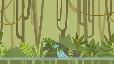 Animated background. Green jungle forest with river. Flat animation, parallax. Footage.
