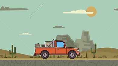 Animated pickup truck with boxes in the trunk riding through canyon desert . Moving delivery car on desert landscape