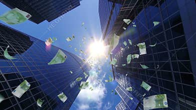 100 Euros banknotes falls from financial center