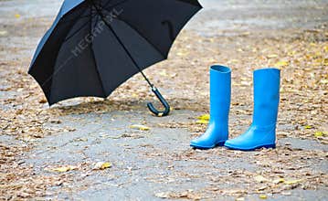 Rubber boots and umbrella
