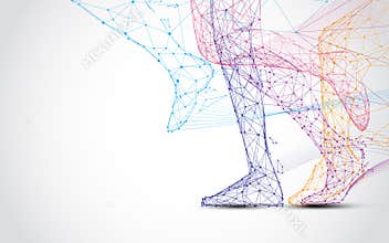 Close up of runner s legs run form lines and triangles, point connecting network on blue background.