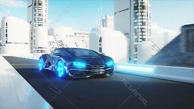Black futuristic electric car very fast driving in sci fi sity, town. Concept of future. Realistic 4k animation.