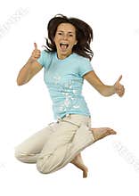 Jumping happy woman shows OK