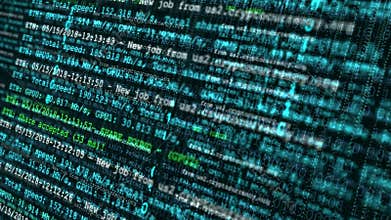 Screen display of block chain network and programming binary code concept background.