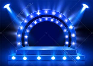 Stage podium with lighting, Stage Podium Scene with for Award Ceremony on blue background.