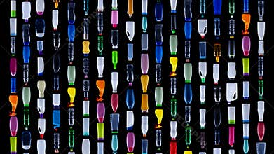 Plastic bottles sliding downward in rows - background