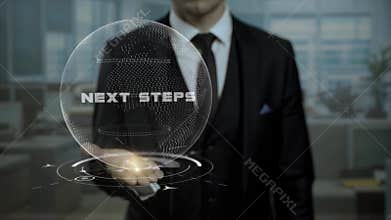 Chief lawyer presenting Next Steps concept on conference.