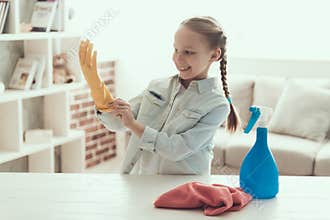 Smiling Cute Little Girl preparing to Clean House