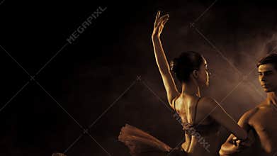 Professional, emotional ballet dancers on dark smoke scene performed by sexual couple with golden body art. Shining gold