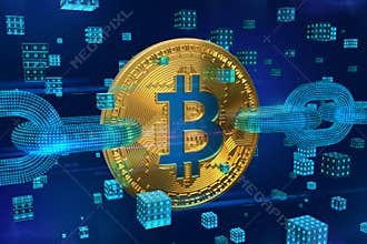 Crypto currency. Block chain. Bitcoin. 3D isometric Physical golden bitcoin with wireframe chain and digital blocks. Blockchain co