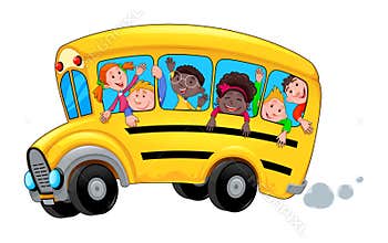 Cartoon school bus with happy child students
