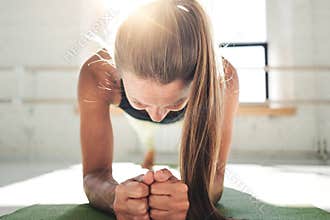 Fit young woman doing plank workout to improve her abs. Female in the gym doing crossfit