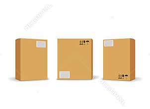 Carton packaging box. Delivery set of different sized packages with postal signs of fragile. Set of closed and open