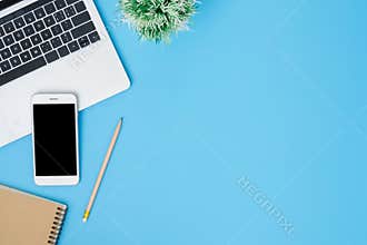 Office desk working space - Flat lay top view mockup photo of working space with laptop.