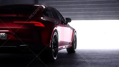 Garage door opening in front of the sport car.